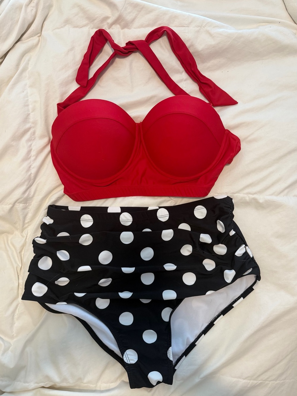 Red Bandeau Halter Bikini Top with Black & White Polka Dot High-Waist Bottoms